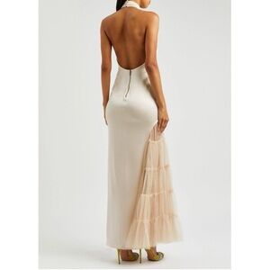 Alice + Olivia Ryan Slit Maxi Dress in Beige Tulle & Satin Beige